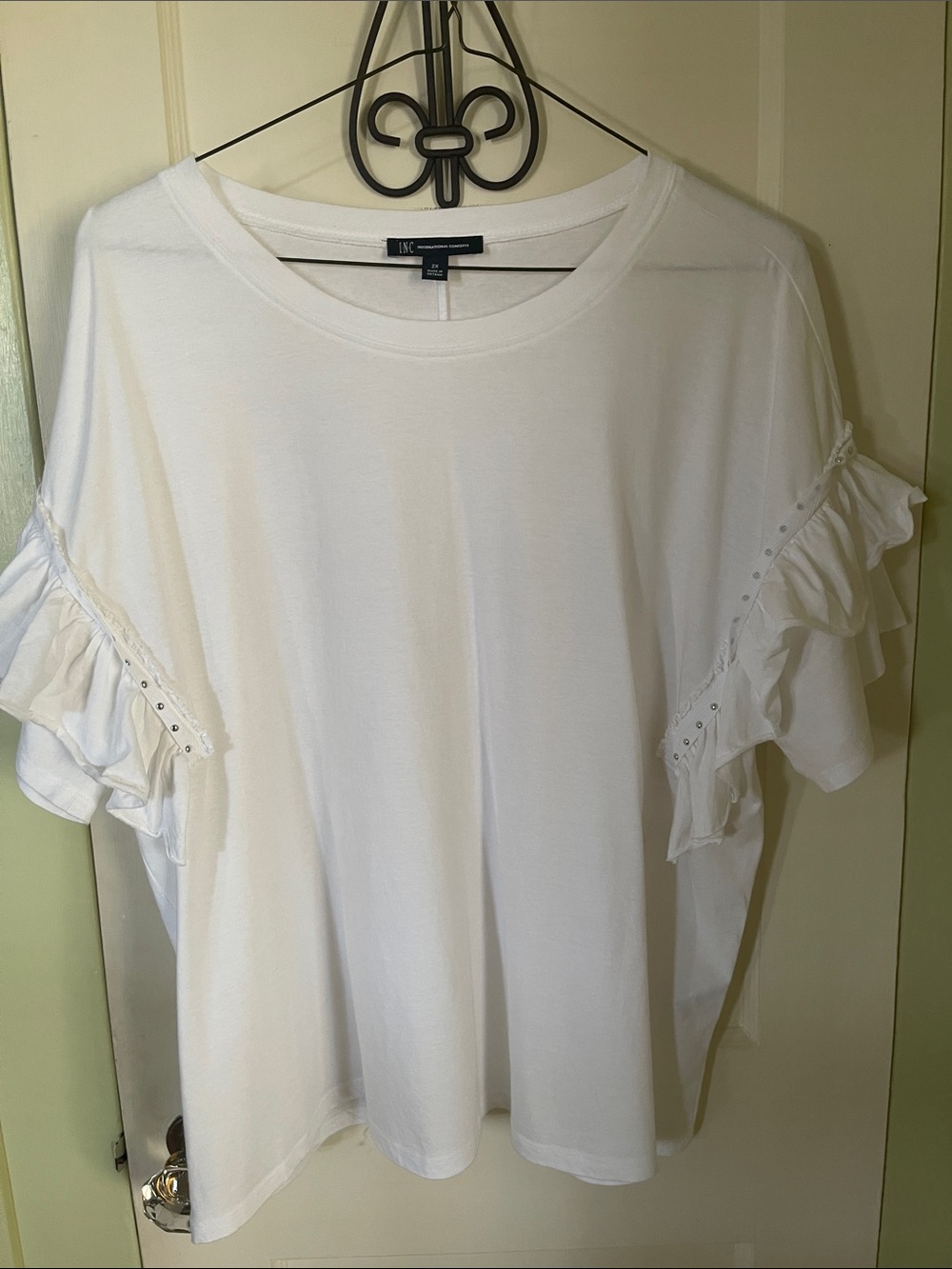 INC International Concepts Plus Size White Ruffle Sleeve Tee with Stud Detail